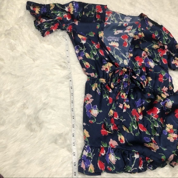 Tularosa Blue Satin Floral Tie Front V Neck Short Sleeve Romper - Picture 5 of 15